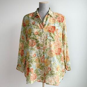 Vtg Lizsport Floral Button Down Long Sleeve Shirt Petite Medium